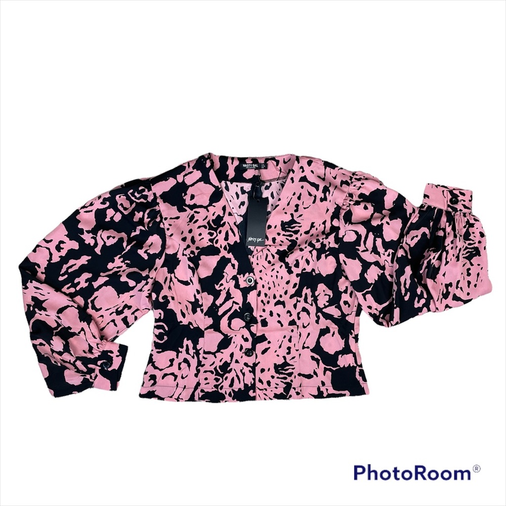 NWT Nasty Gal Pink & Black Long-Sleeve Button Up Blouse Size 2